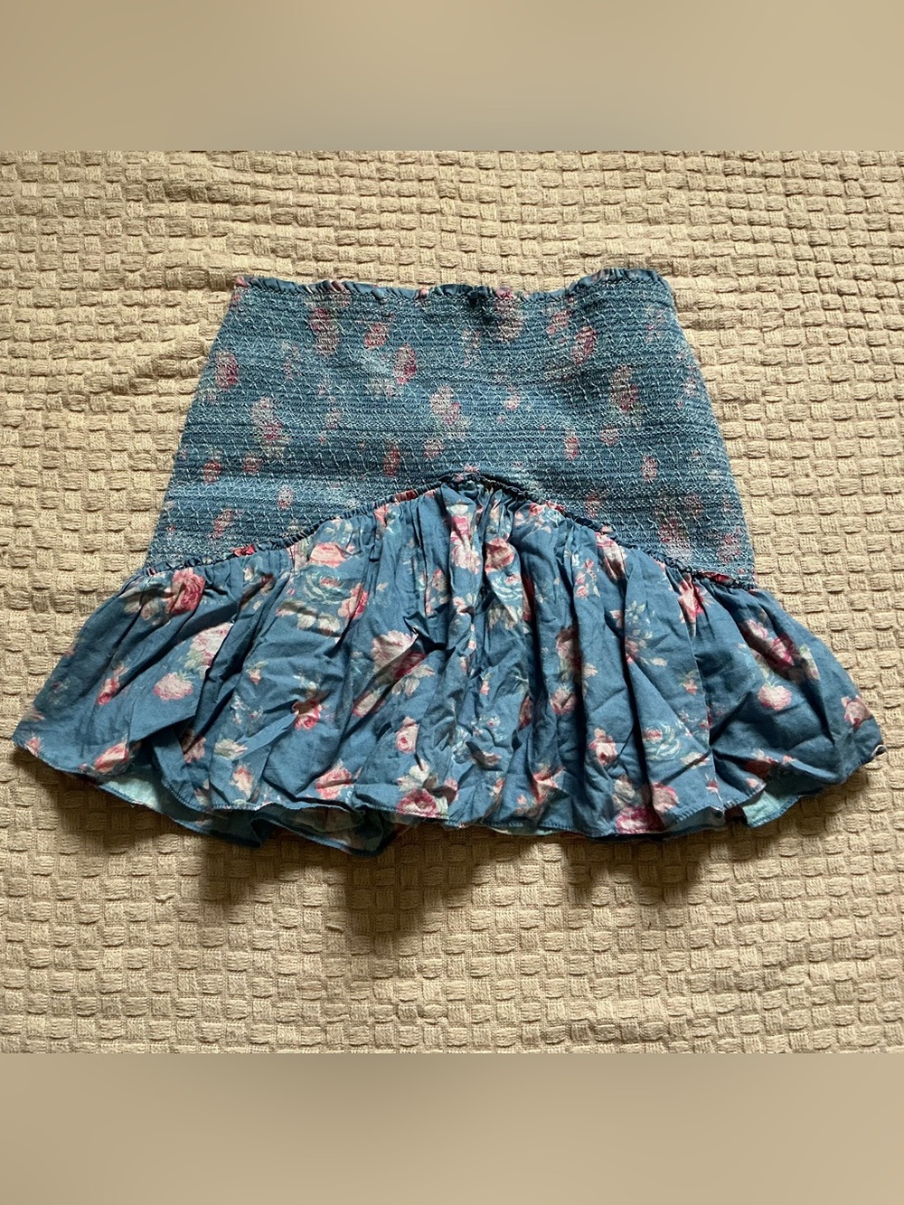 LoveShackFancy Size P Blue Floral Smocked Ruffle Mini Skirt